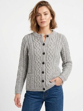 SAOL Ireland Aran 100% Merino Wool Cable Knit Button Cardigan Grey Size Small